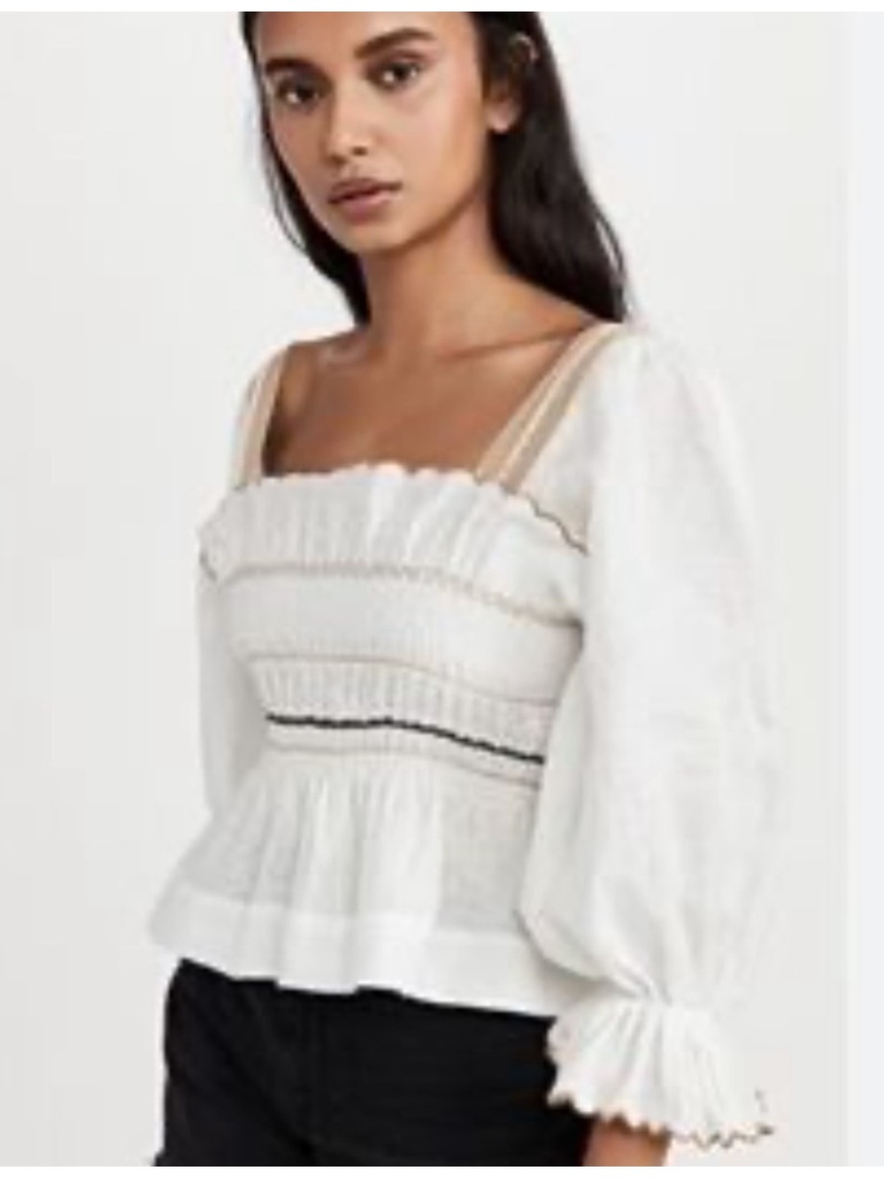 Lug Von Siga White Cotton Embroidered Smocked Balloon Sleeve Peplum Top 40 US 8
